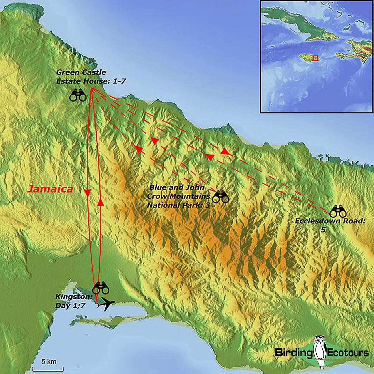Map of birding tour in Jamaica: Island Endemics in the Heart of the Caribbean March 2023/2024