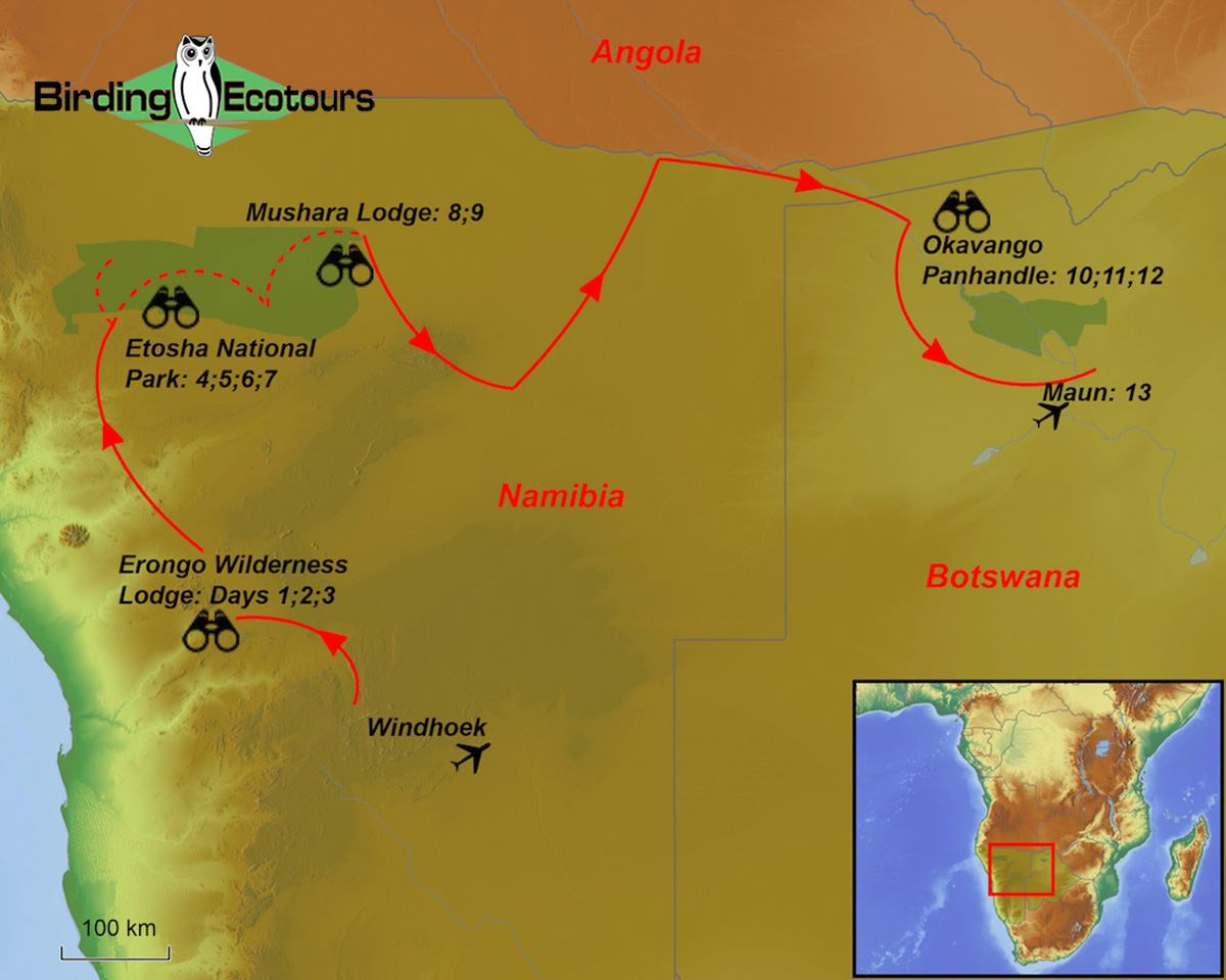 Map of birding tour in Namibia & Botswana Birding & Photo Tour – From Desert to Delta September 2023