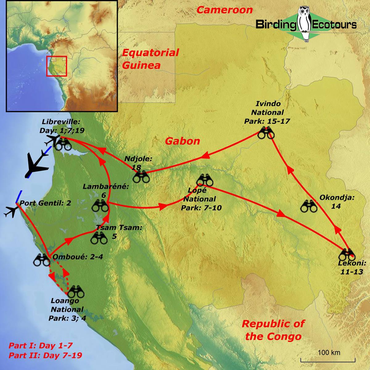 Map of birding tour in Complete Gabon — Parts I and II July/August 2023