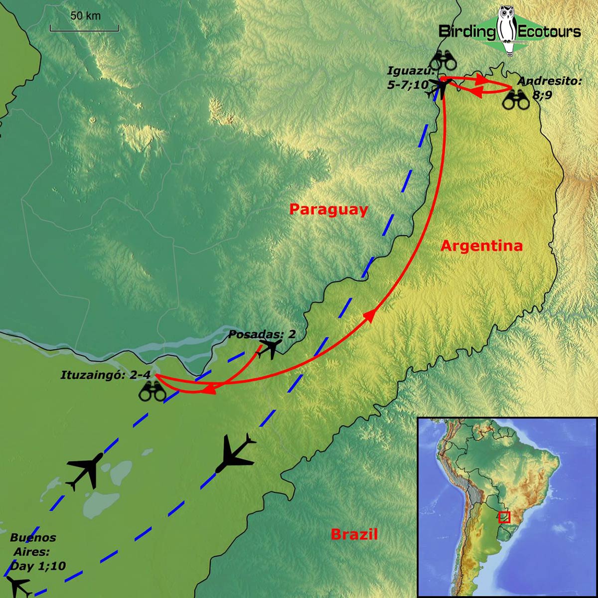 Map of birding tour in Birding Northeast Argentina: Iberá Marshlands & Iguazú National Park, November 2024