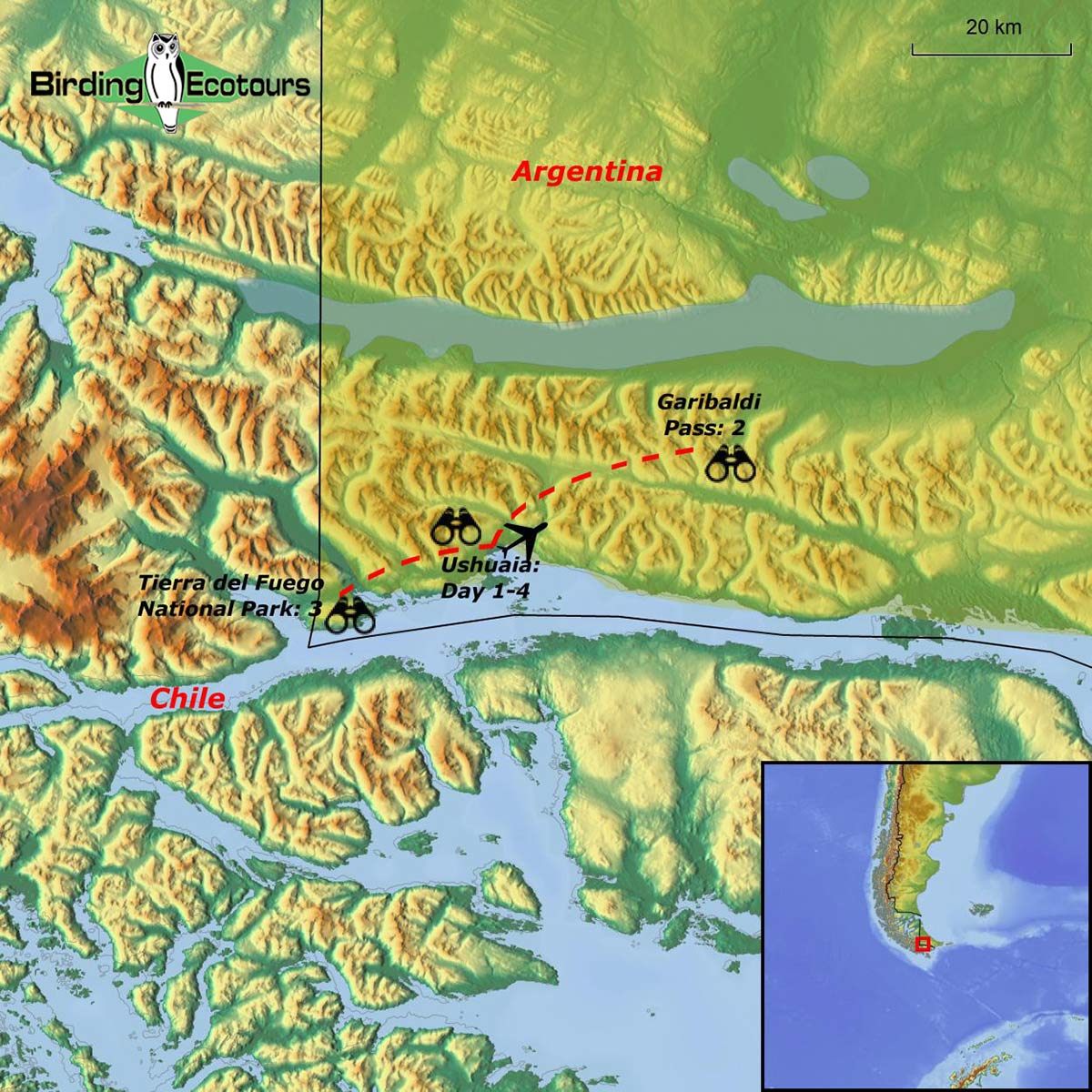 Map of birding tour in Argentina: Southern Patagonia – Tierra del Fuego December 2023