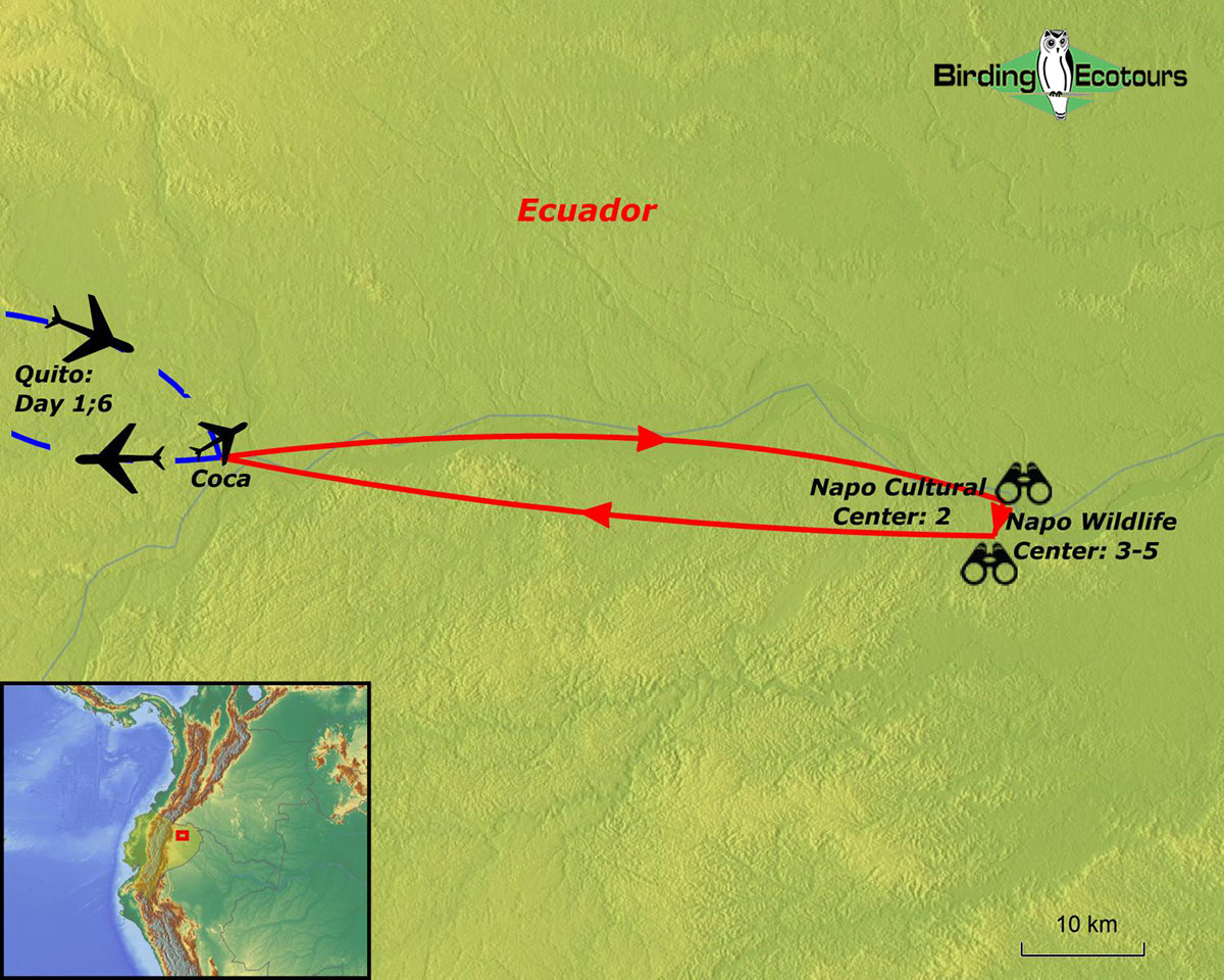 Map of birding tour in Ecuador: The Amazon – Clay Lick & Giant Otters November 2022/2023