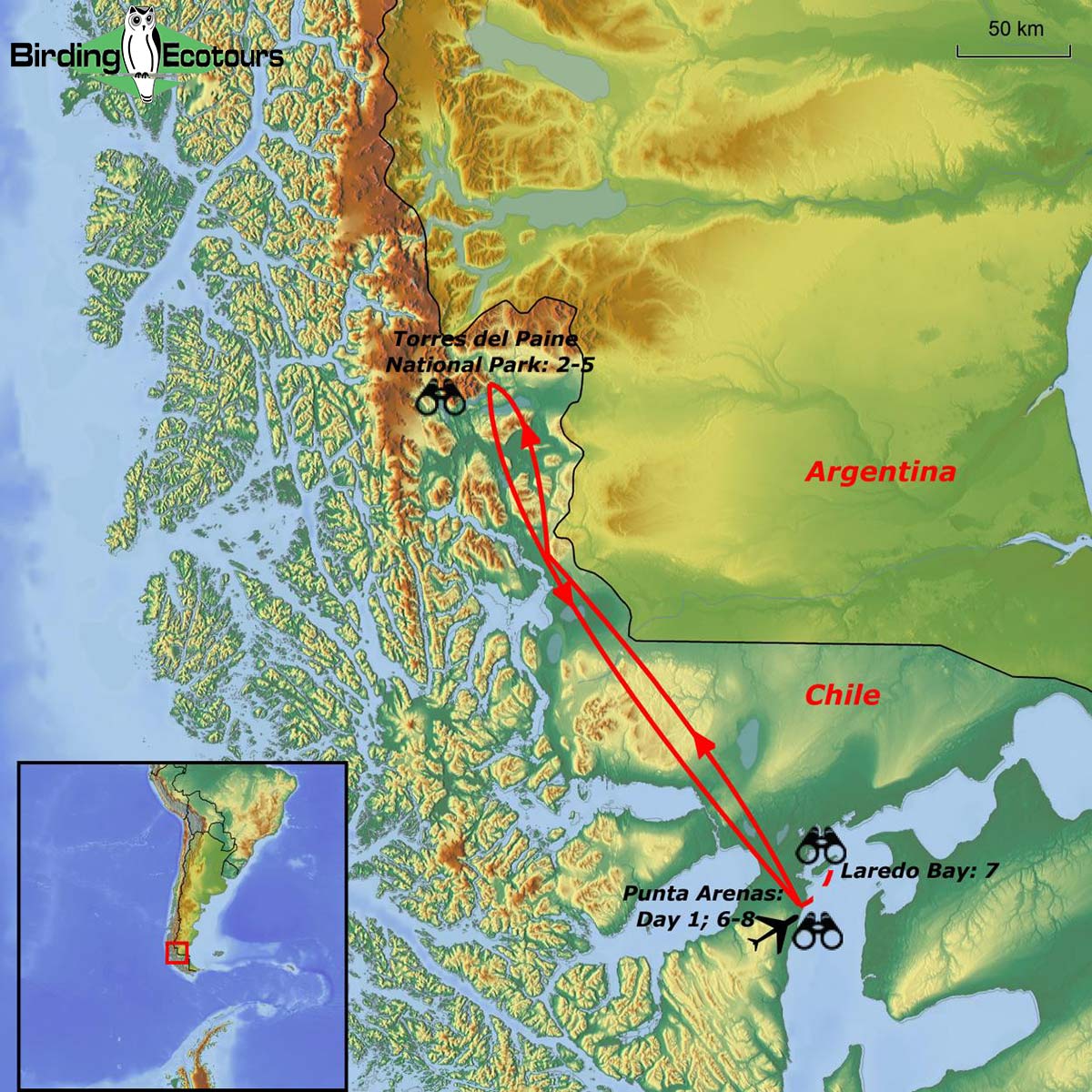 Map of birding tour in Chile Mammal & Birding: Pumas in Torres del Paine, Southern Patagonia October 2024/2025/2026