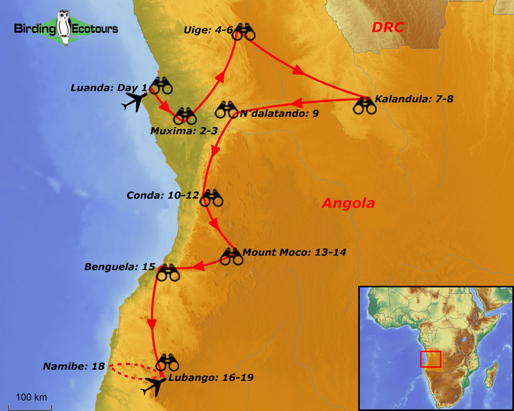 Map of birding tour in Angola: Africa’s Best-kept Birding Secret June 2023