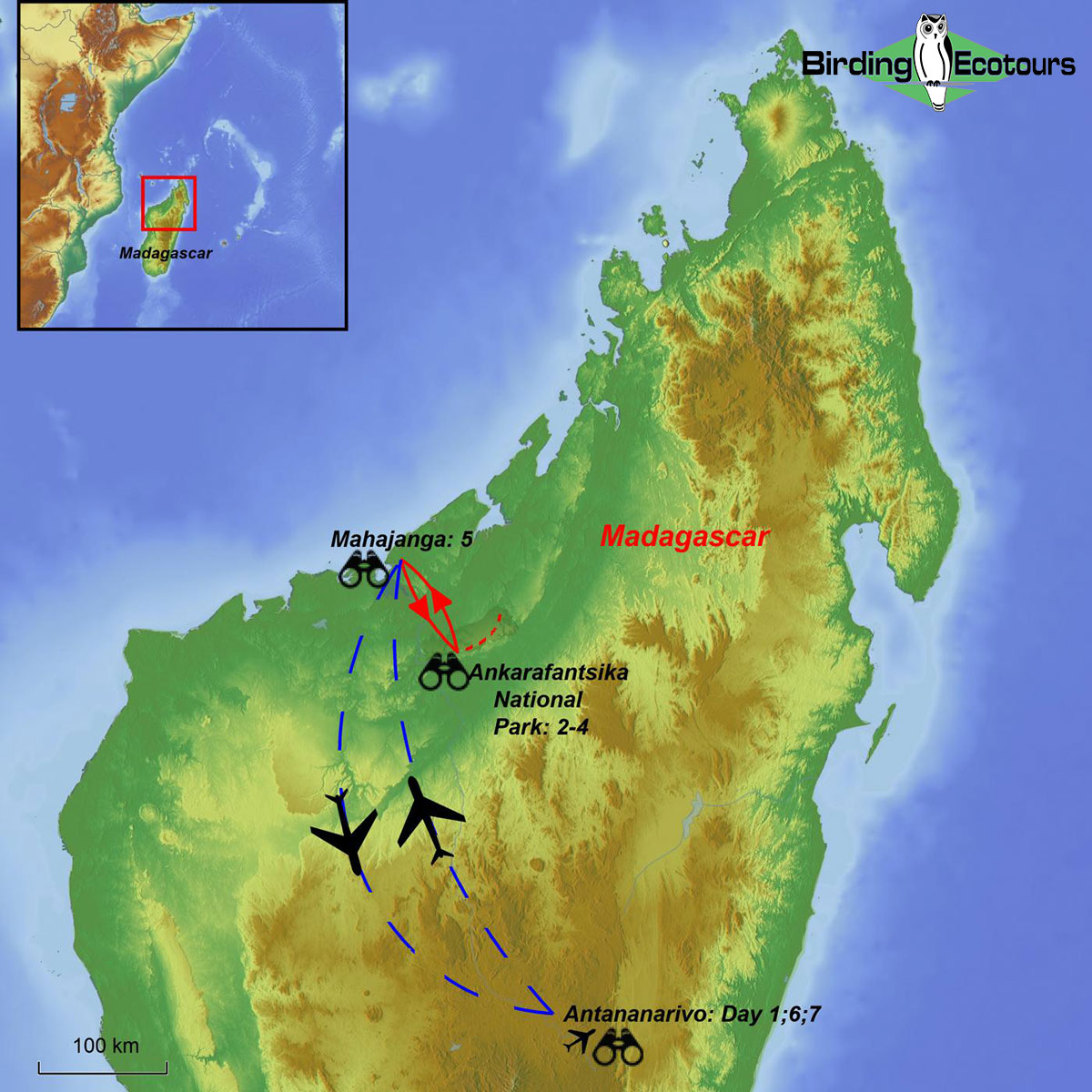 Map of birding tour in Madagascar: 7-day Northwest Pre-tour October 2023