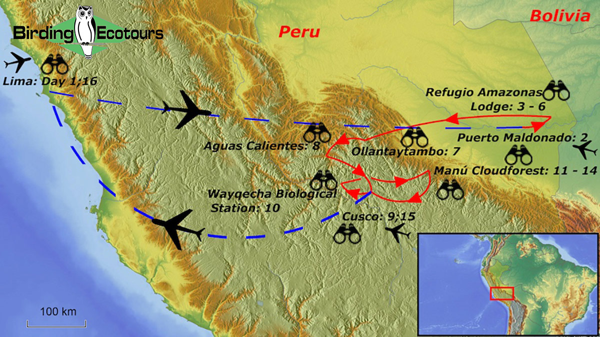 Map of birding tour in South Peru – Birding the Inca Empire, Andes & Amazonian Rainforests July 2024