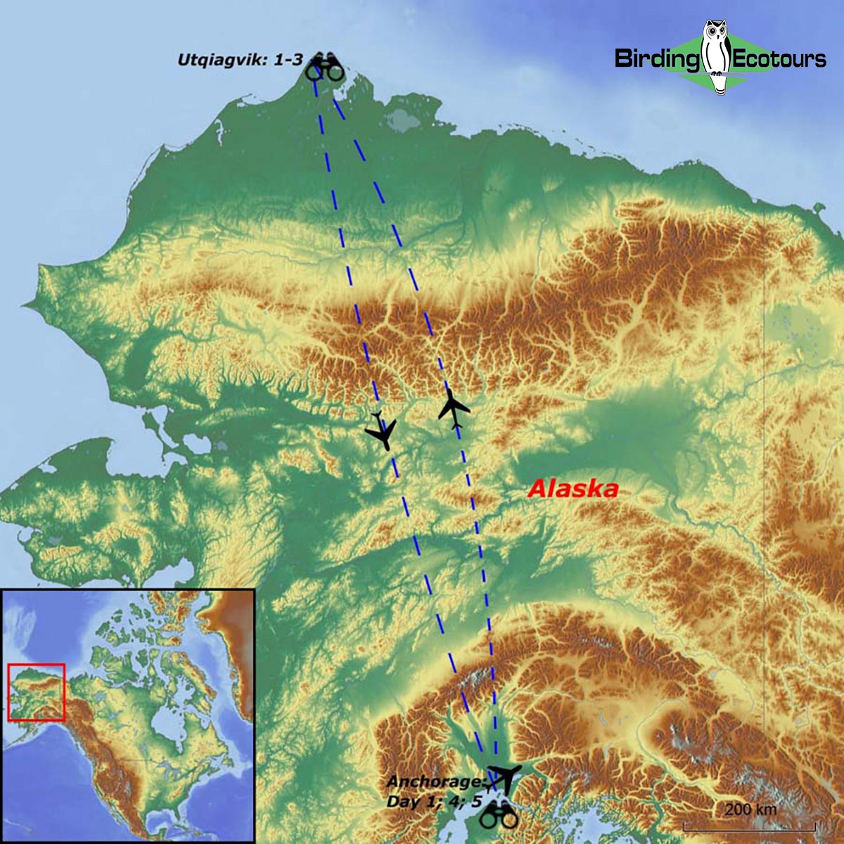 Map of birding tour in USA: Alaska – Utqiagvik (Barrow), Top of the World June 2024