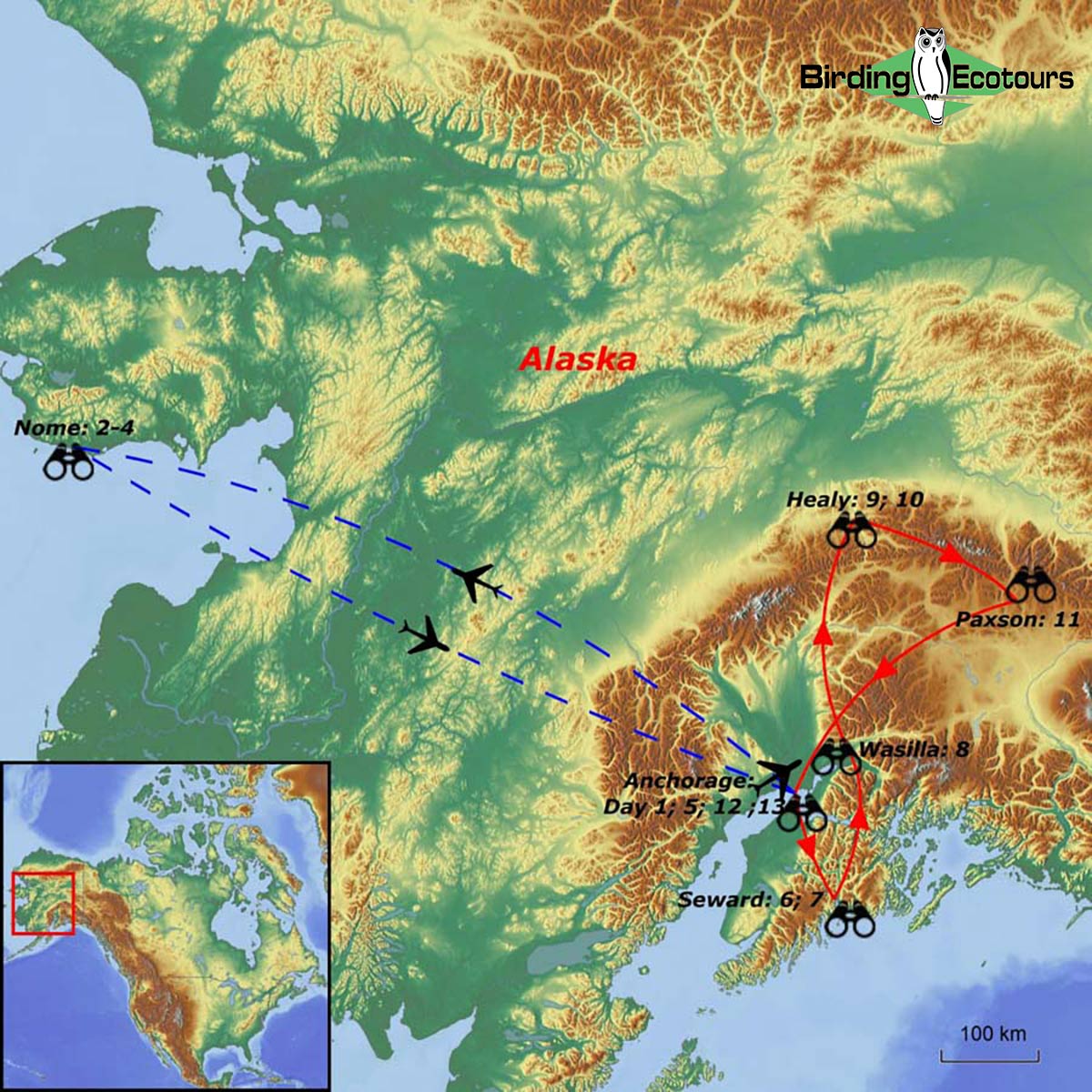Map of birding tour in USA: Alaska – Vast Beauty, Nome, Denali, Seward June 2024