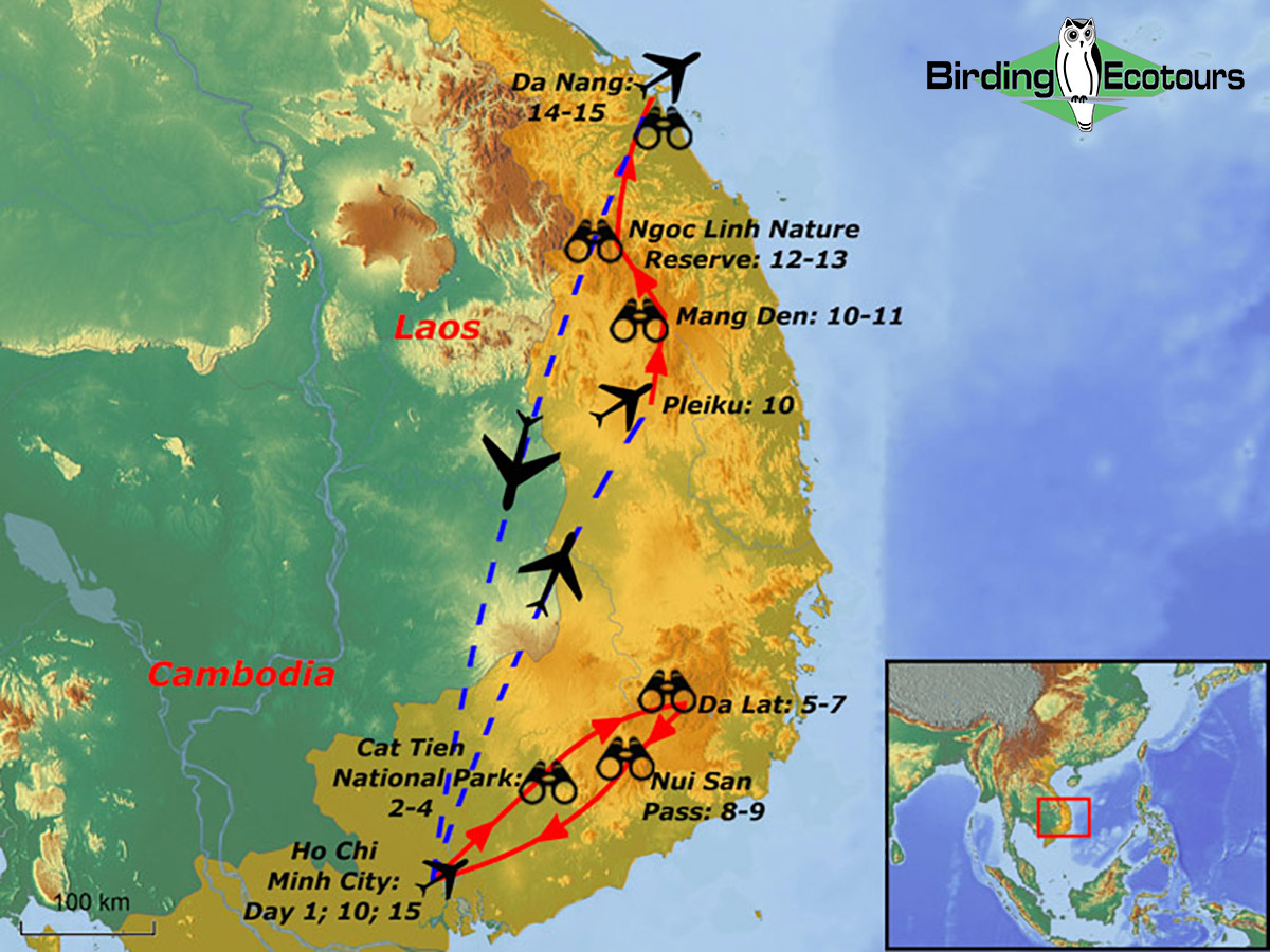 Map of birding tour in Vietnam: Central & Southern Vietnam Endemics & Specialties March 2024