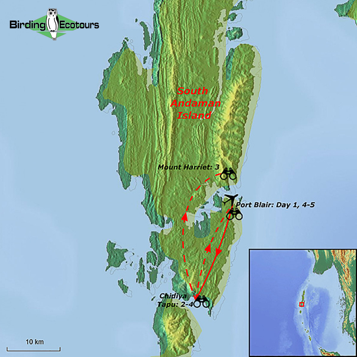Map of birding tour in India: Andaman Islands Endemics January 2024/2025