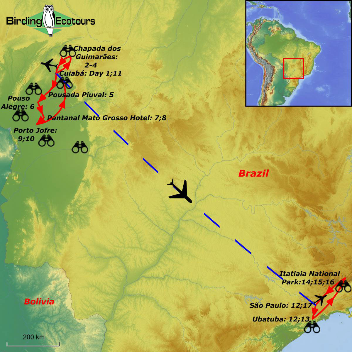 Map of birding tour in The Best of Brazil – Pantanal, Cerrado & Atlantic Forest Jewels September 2023
