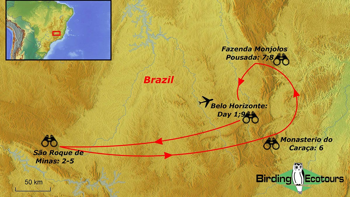 Map of birding tour in Brazil: Cerrado Endemics, Brazilian Merganser & Maned Wolf October 2023