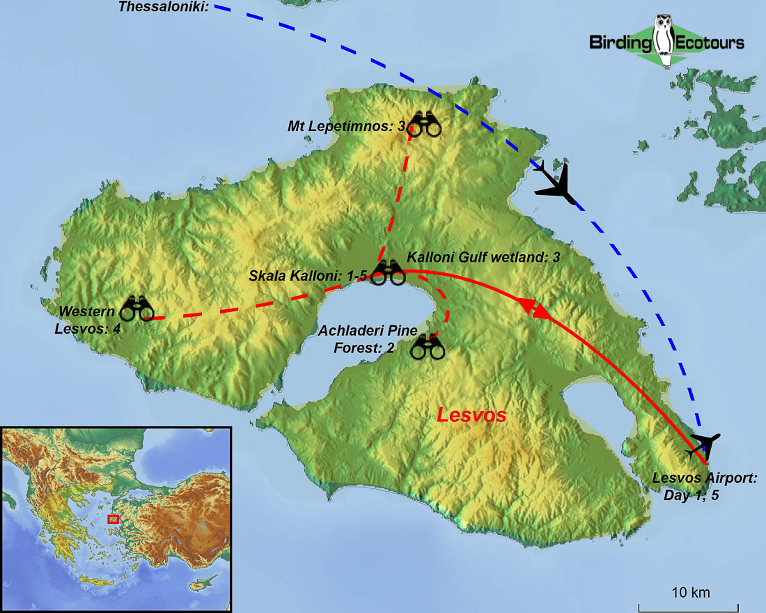 Map of birding tour in Greece: Lesvos in Spring Extension May 2025/2026