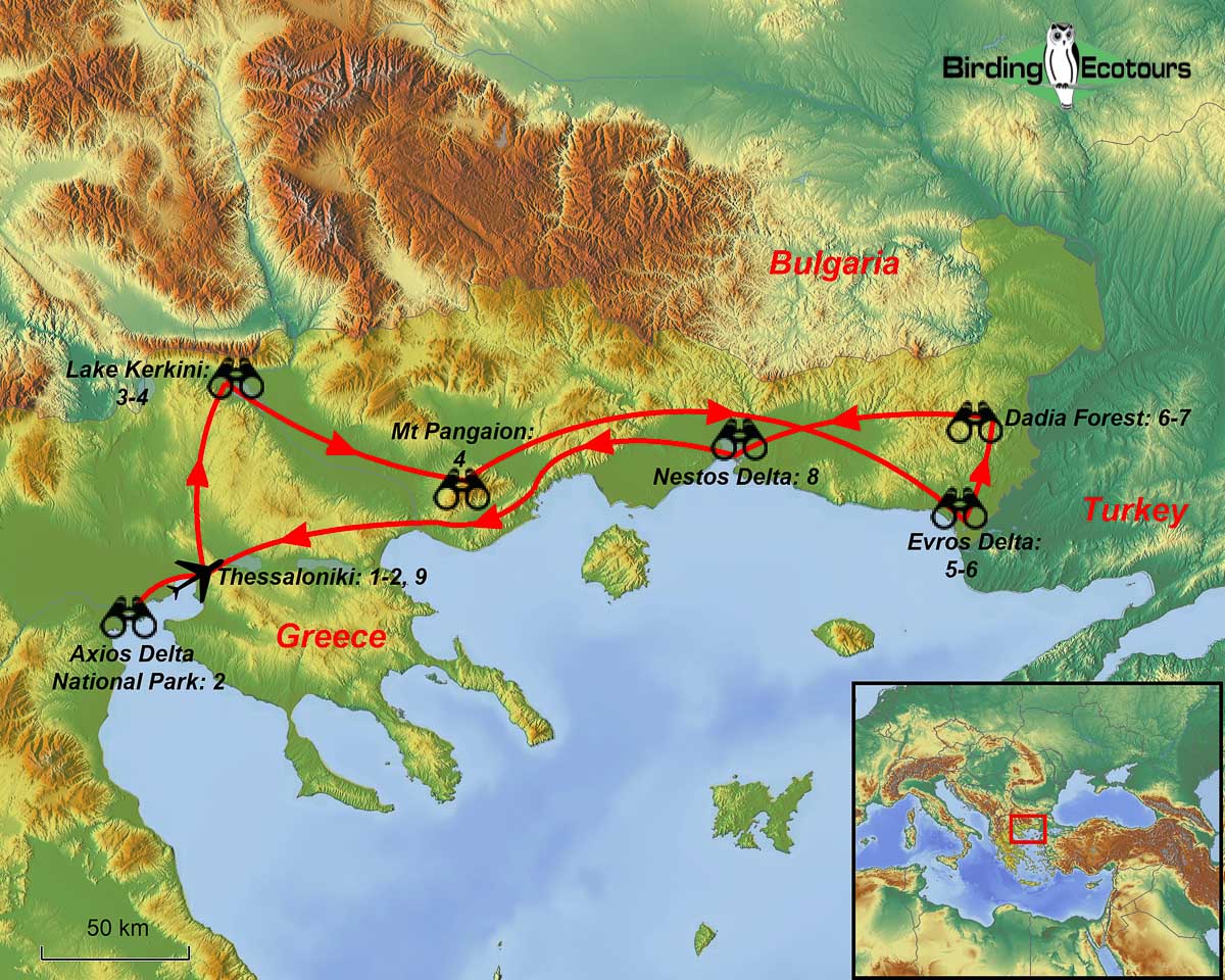 Map of birding tour in Greece: Fall Birding Adventure October 2023