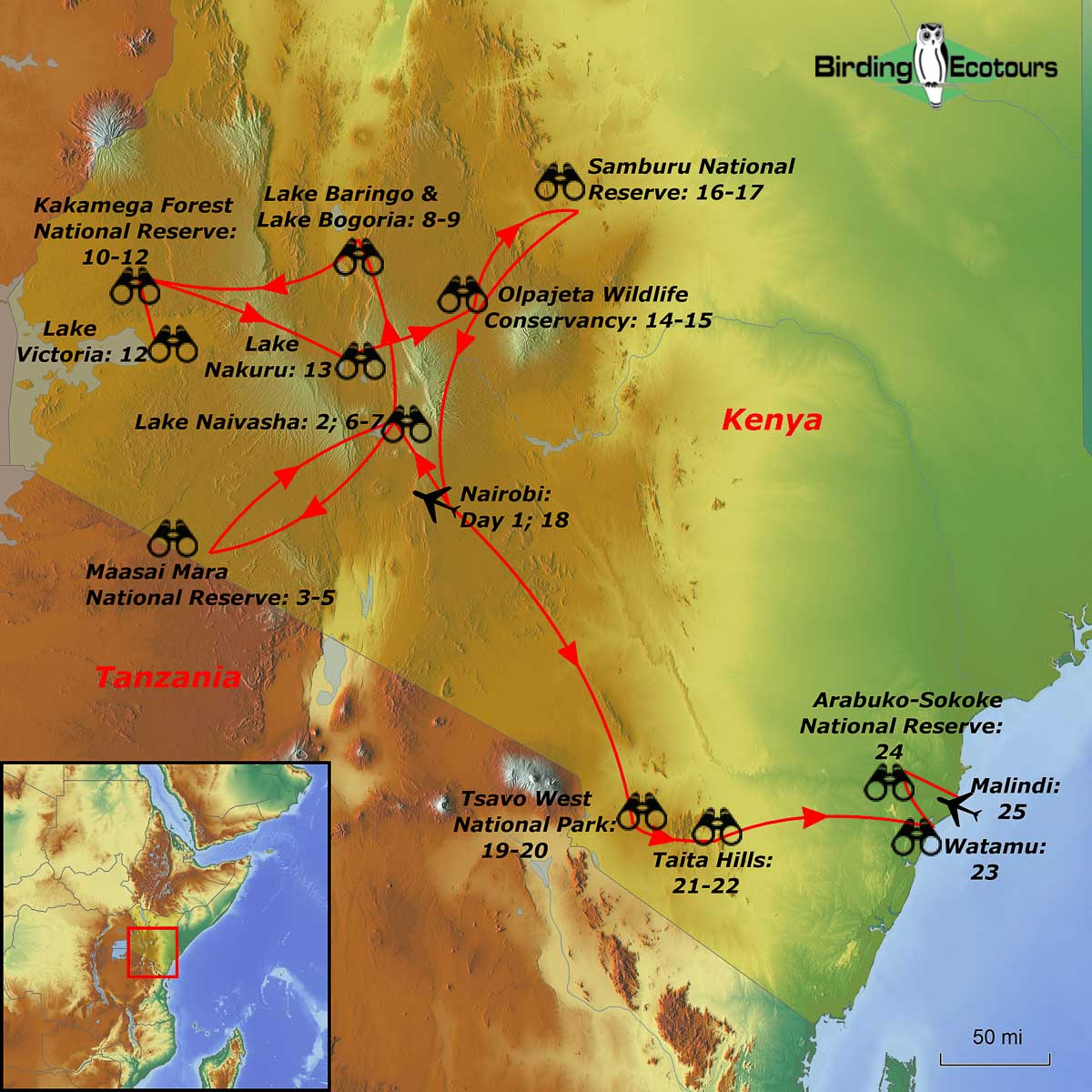 Map of birding tour in Kenya: Comprehensive Premium Birding & Wildlife Safari September 2024/July 2025