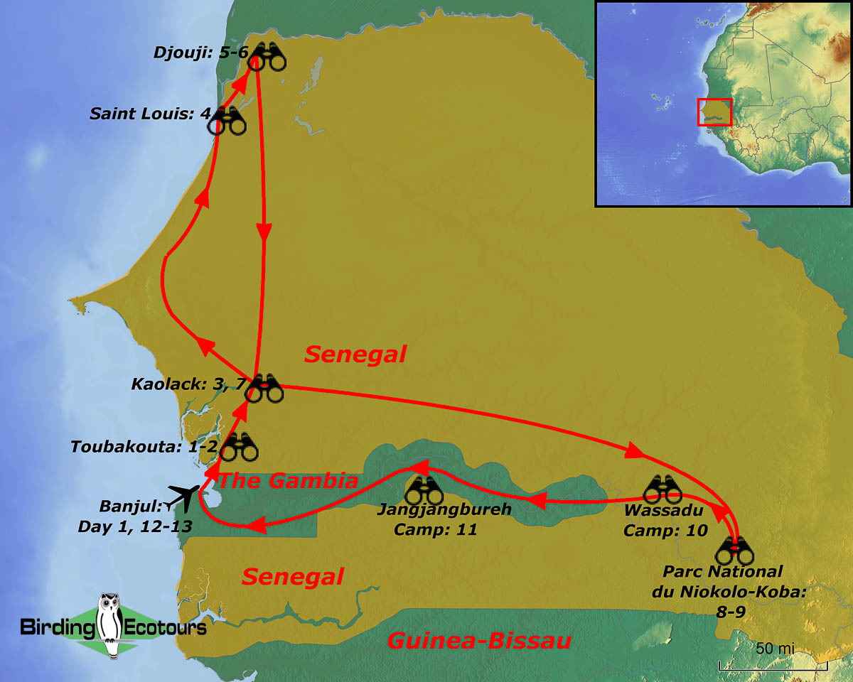 Map of birding tour in Senegal & The Gambia: West African Wildlife Adventure December 2022/2023/2024