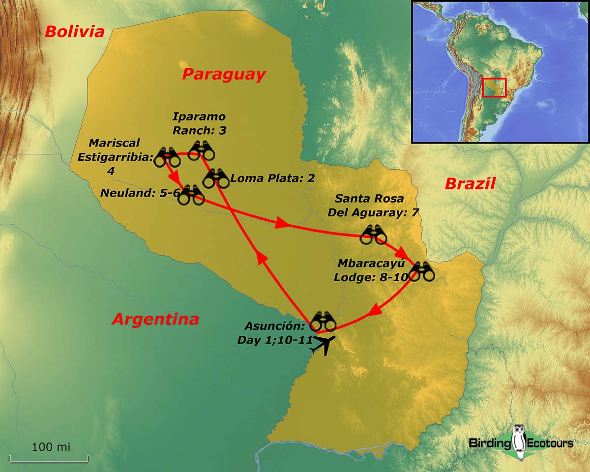 Map of birding tour in Paraguay Birding & Wildlife Adventure: Amazing Birds & Wildlife of the Chaco October 2023