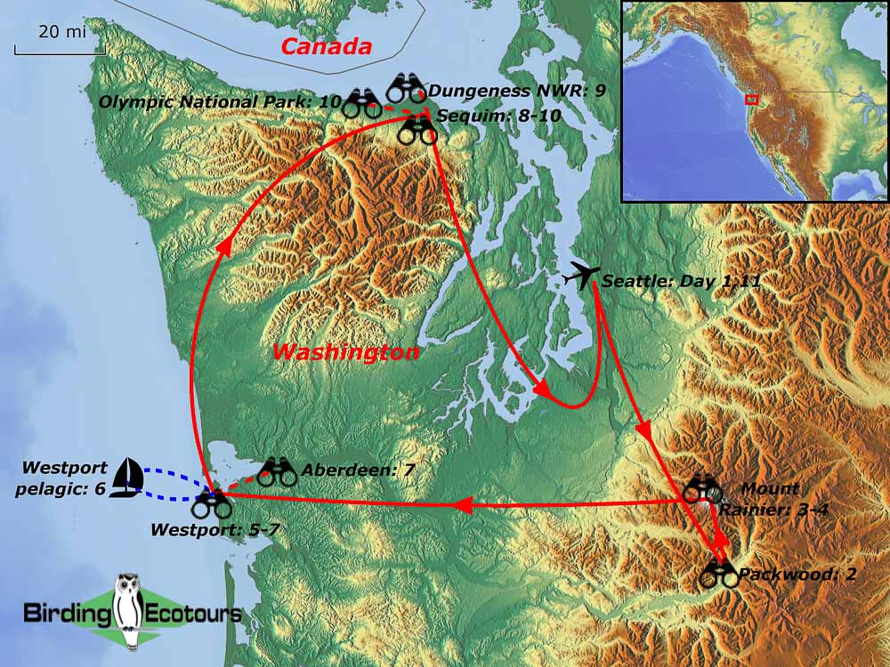 Map of birding tour in USA: Washington – Pacific Northwest August 2023