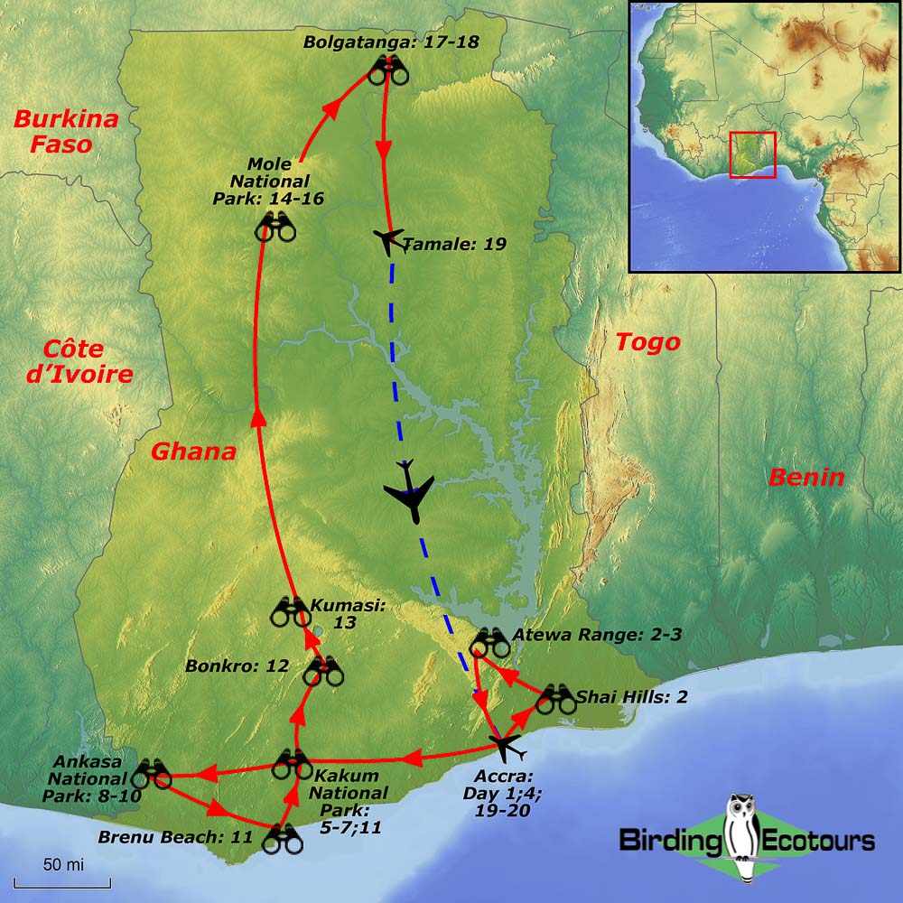 Map of birding tour in Birding Tour Ghana: Upper Guinea Forest to the Sahel February 2024/2025