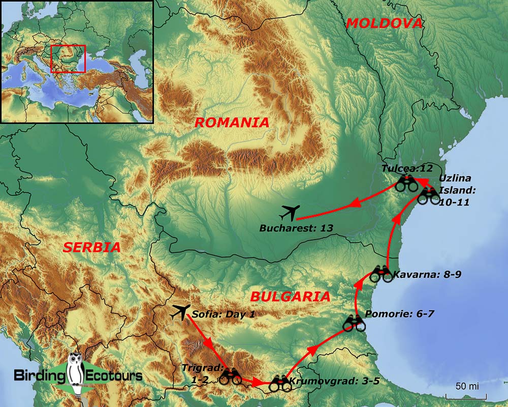 Map of birding tour in Bulgaria & Romania: Birding the Balkans in Spring May 2024/2025