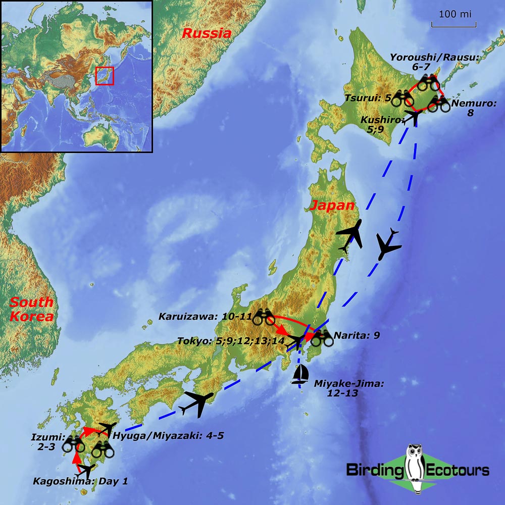 Map of birding tour in Japan: Spectacular Winter Birds February 2025/2026