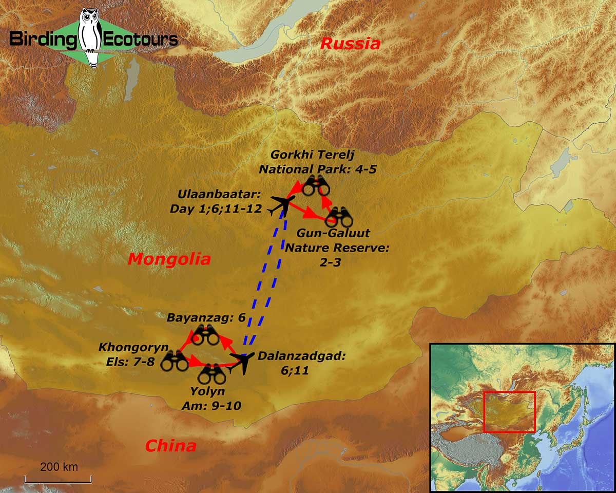 Map of birding tour in Mongolia: Steppes & Gobi Desert Birding May 2023/2024