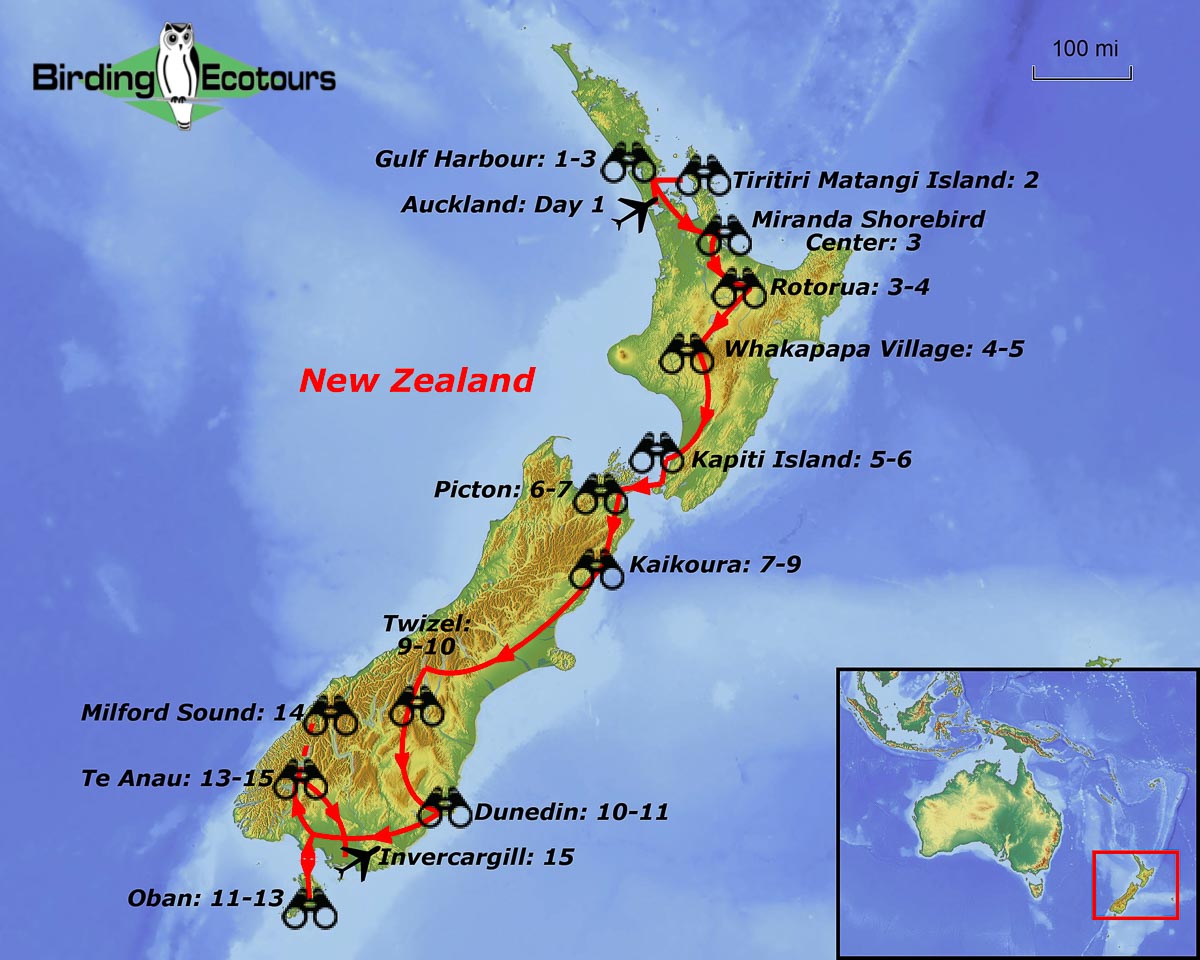 Map of birding tour in New Zealand: Endemic Extravaganza November-December 2024/2025