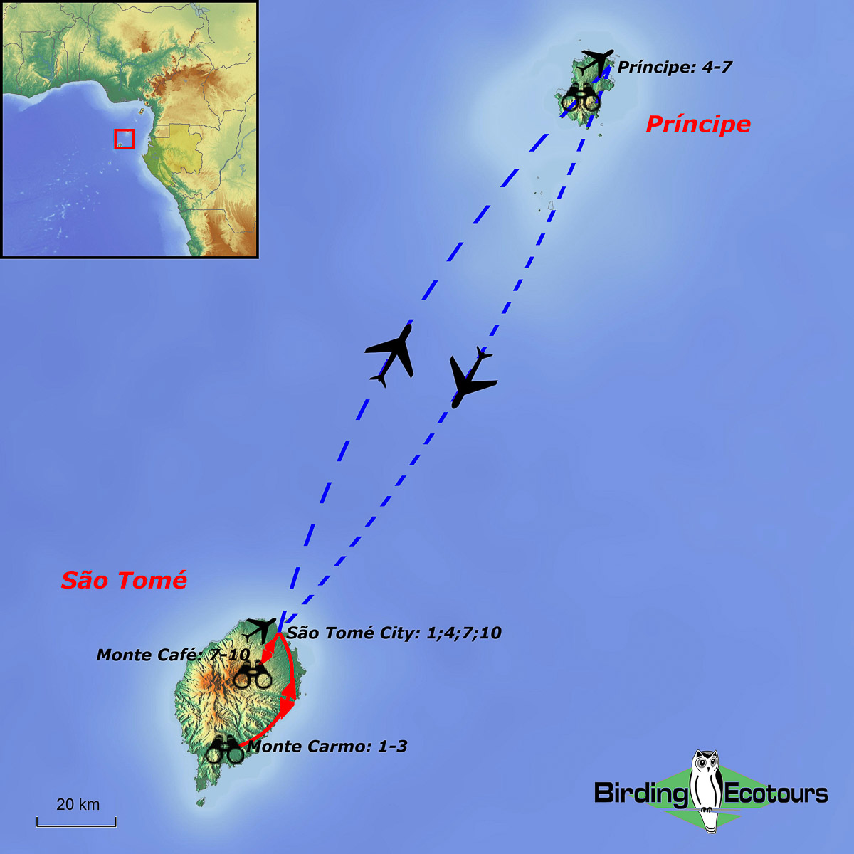 Map of birding tour in São Tomé & Príncipe: 10-day Birding Adventure July 2024