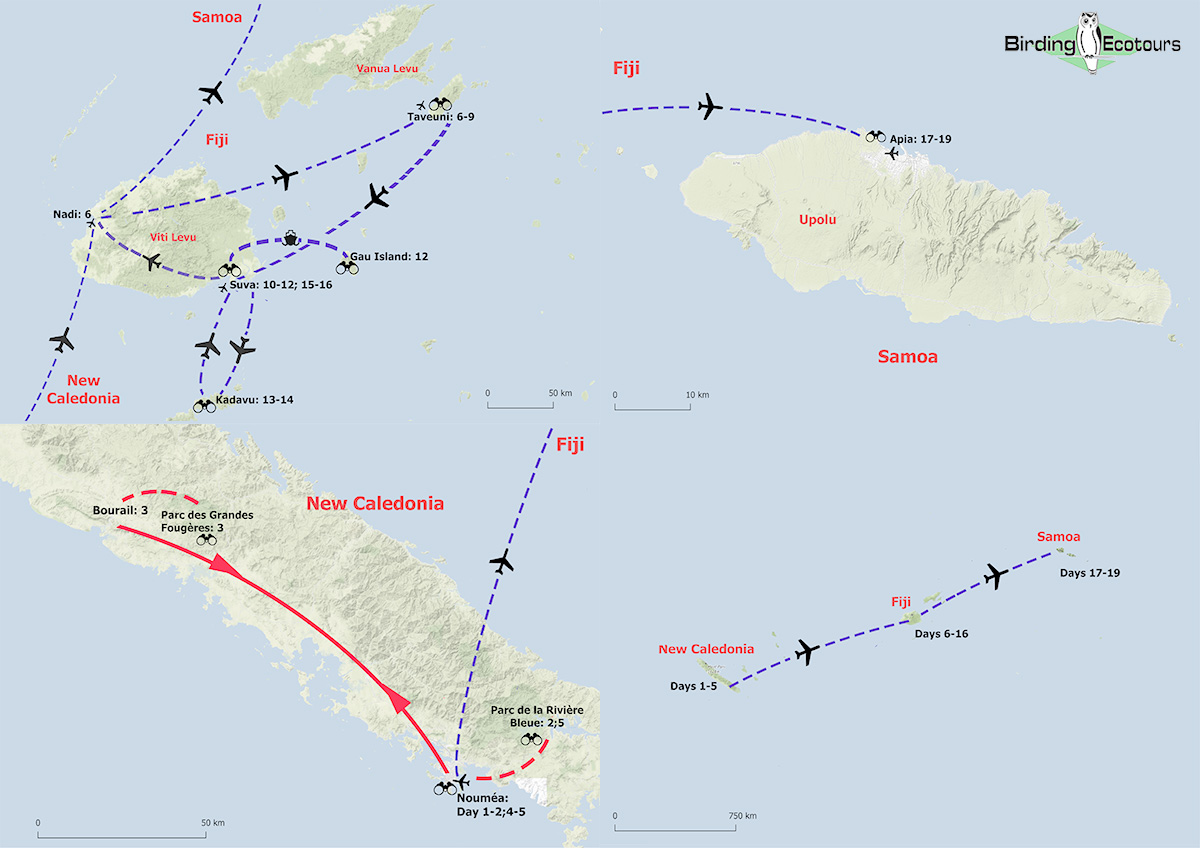 Map of birding tour in New Caledonia, Fiji, and Samoa: Pacific Birding Adventure June 2024/2025